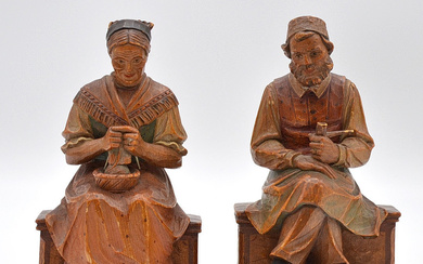 TWO BLACK FOREST WOODEN FIGURES “FARMER COUPLE”, SOUTHERN GERMANY LATE 19TH CENTURY CENTURY, HEIGHT APPROX. 18 CM.