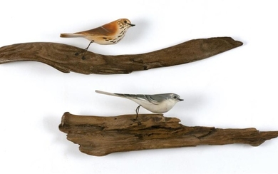 TWO DECORATIVE CARVINGS OF SONG BIRDS Mounted on driftwood bases. Lengths 13" and 15".