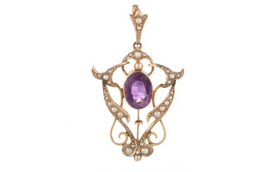 TWO EDWARDIAN AMETHYST AND SEED PEARL HOLBEIN PENDANTS
