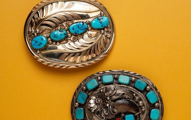 TWO NATIVE AMERICAN STERLING SILVER BELT BUCKLES.