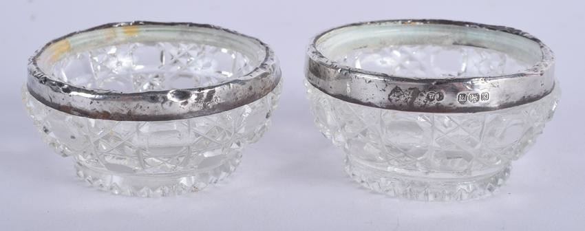 TWO SILVER MOUNTED GLASS SALTS. (2)