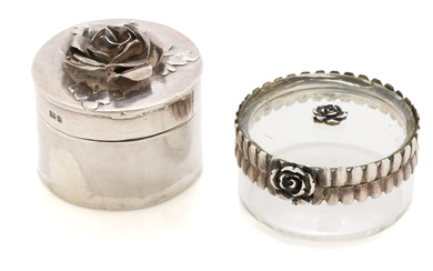 TWO SILVER ROSE PILL BOXES; one in full silver with...