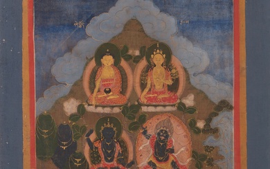 Thangka raffigurante quattro personaggi Tibet, XVIII-XIX secolo. H. 40 X 29 cm