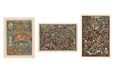 Three Balinese drawings / watercolours, ex Collection Auke Sonnega: 1) 'Gamelan' (34 x 25 cm), 2) 'Barong performance' (24 x 34 cm) and 3), 'Village life' (31 x 20 cm). All unframed.