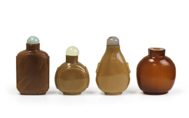Three Chinese agate-imitation glass snuff bottle and one amber-imitation glass snuff bottle...