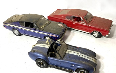 Three Custom Diecast Model Cars, 1966 Dodge Charger, 1969 Plymouth Barracuda, Shelby Cobra