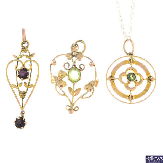 Three early 20th century gem-set pendants, one with chain.