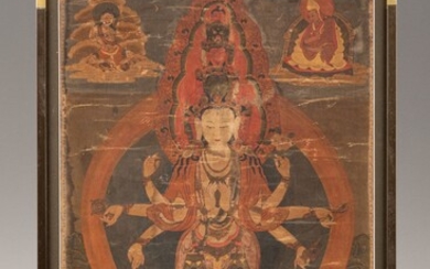 Tibet, XVIII-XIXème siècle Thangka polychrome sur textile représentant Ekâdashamuka-Avalokitehvara à huit bras et onze têtes,...