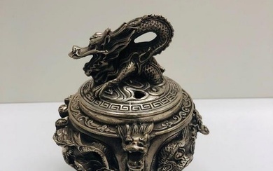 Tibetan Silver Incense Burners With Dragon Motif