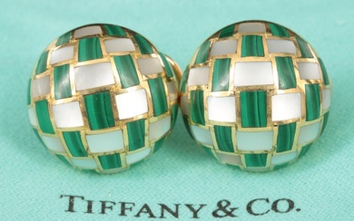 Tiffany & Co. 18K Malachite and Mother of Pearl Inlay Button Earrings