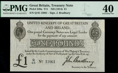 Treasury Series, John Bradbury, second issue £1, ND (23 October 1914), serial number Q/45 13961...