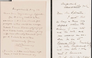 Twain, Mark (1835-1910) and Olivia Langdon Clemens (1845-1904) Two Autograph Letters Signed, 28 August, [1901?] Ampersand, New York. Tw