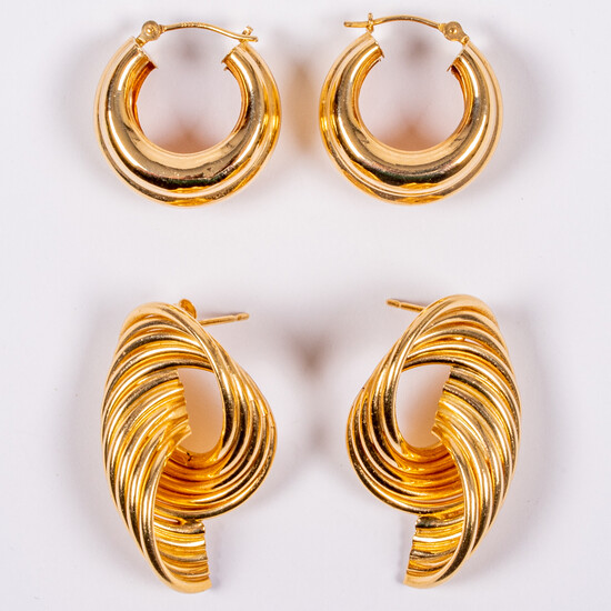 Two Pairs of 14kt Yellow Gold Earrings