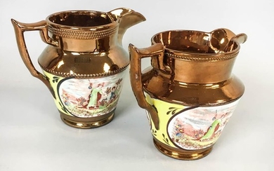 Two Transfer-decorated Copper Lustre Jugs