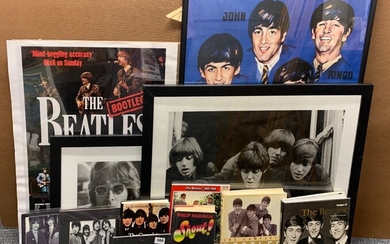 Two framed Beatles photographs and memorabilia.