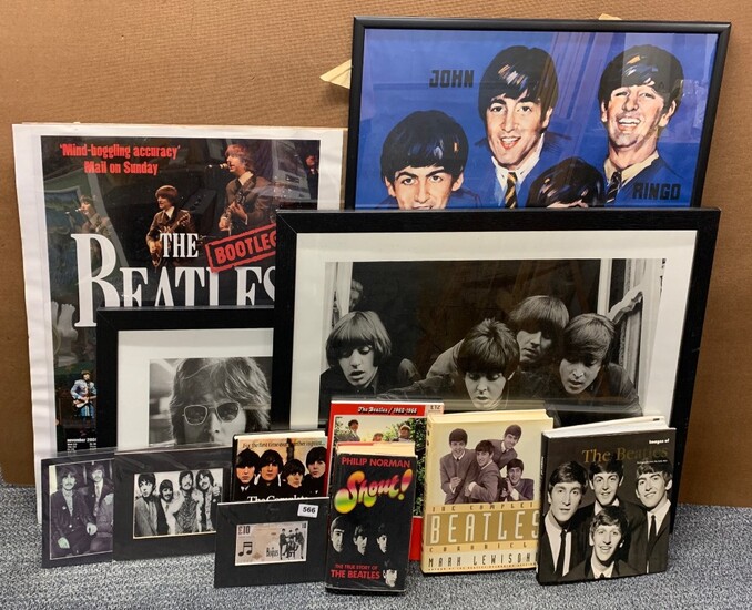 Two framed Beatles photographs and memorabilia.