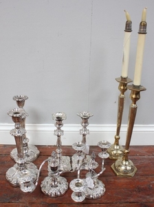Two pairs of silver plated candlesticks with detachable pans...