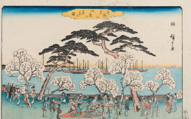 Utagawa Hiroshige 歌川広重 (JAPON, 1797-1858) "Observation de cerisiers en fleurs à Goten-yama" (Goten-yama hanami no...