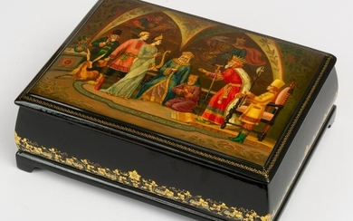 VERY LARGE AND FINE PAINTED RUSSIAN LACQUER BOX SHOWING PYOTR YERSHOV'S 'THE LITTLE HUMPBACKED