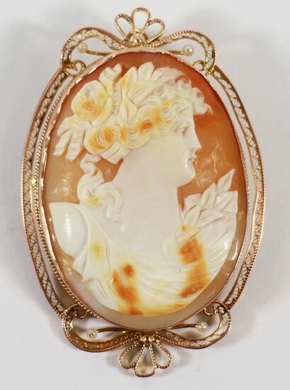VINTAGE 14K ROSE GOLD & SEED PEARL CAMEO PENDANT