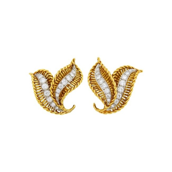 Van Cleef & Arpels Pair of Gold, Platinum and Diamond Flare Earclips