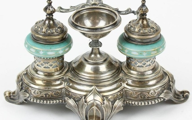 Victorian Silver Writing Stand With Glass Inkwells