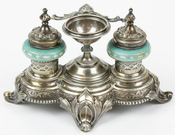 Victorian Silver Writing Stand With Glass Inkwells