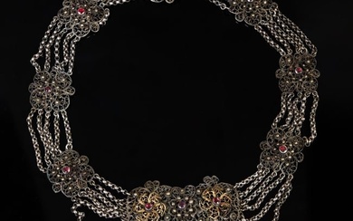 Victorian Silver and Garnet Choker, late 19th c., with seven pierced links with ball link chains and