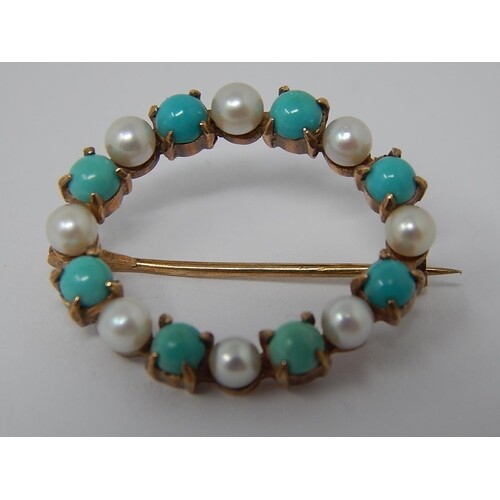 Victorian Turquoise & Pearl 9ct Gold Circular Brooch.