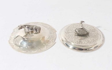 Victorian silver butter dish cover with Cow finial together with another with a Swan finial