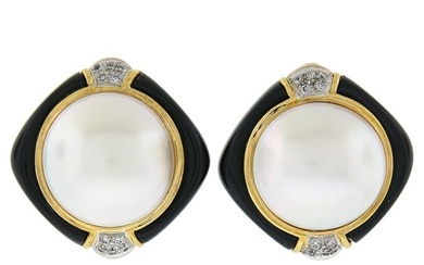 Vintage 18K Gold Large Mabe Pearl Diamond & Black Onyx Frame Button Earrings