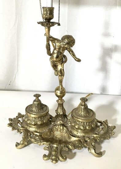 Vintage Brass Toleware Ornate Inkwell Lamp