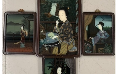 Vintage Chinese Reverse Painted Paintings of a Maiden in Woo...