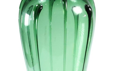 Vintage Mid-Century Modern Green Art Glass Vase with Vertical Applied Decoration 13.5 in. height