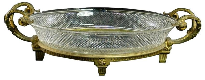 Vintage Oval Crystal Glass Dish In Bronze Footed Stand