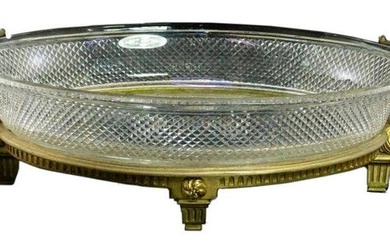 Vintage Oval Crystal Glass Dish In Bronze Footed Stand