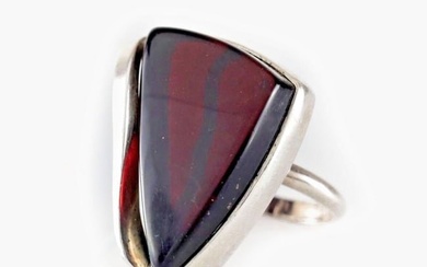 Vintage Sterling Silver dark Cherry Amber Modernist ring size 6.5 asymmetrical