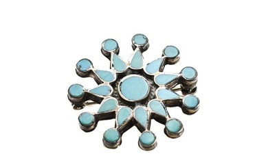 Vintage Zuni Sterling Silver Petite Point Brooch Turquoise inlay