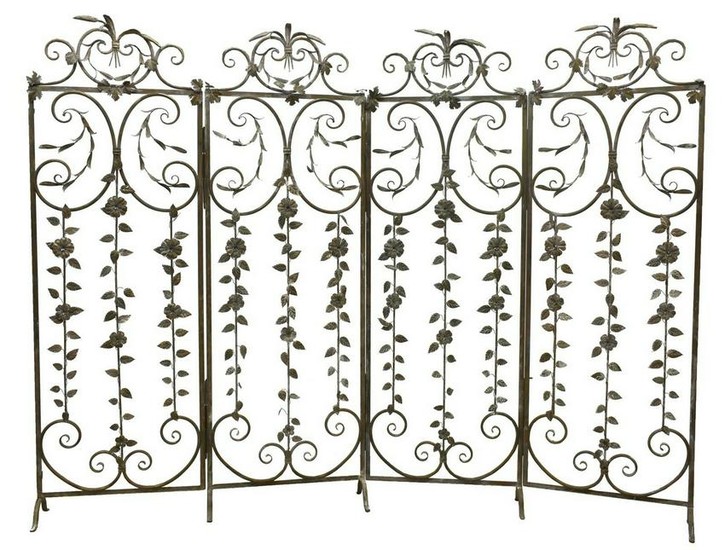 WROUGHT IRON FOLIATE DECORATED FOUR-PANEL SCREEN