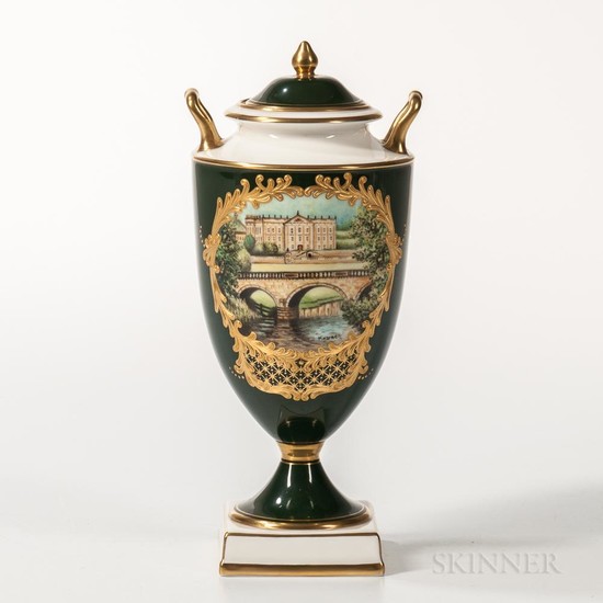 Wedgwood Bone China Limited Edition Vase and Cover, England, 1997, from the Genius Collection, the "Chatsworth House Vase" with gold tr