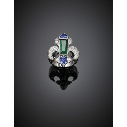 White gold diamond pavé fleur-de-lis ring with fancy shape emerald and two sapphires, diamonds in all ct. 1.20 circa, g…Read more