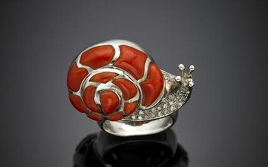 White gold, diamonds and red coral snail ring, g 17.80