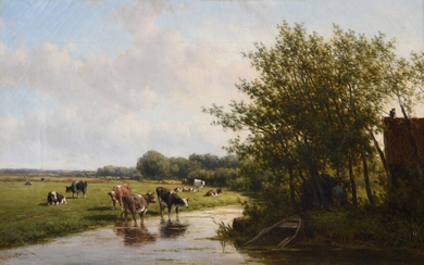 Willem Vester (Dutch 1824-1895) , Cows in a river landscape