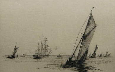 William Lionel Wyllie RA RBA RE RI NEAC, British 1851-1931- Shrimpers; drypoint etching on Japan, signed in pencil lower left, 17 x 22 cm. Provenance: with the Royal Exchange Art Gallery, London, according to the label attached to the reverse.