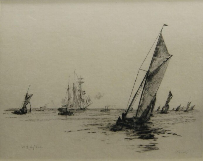 William Lionel Wyllie RA RBA RE RI NEAC, British 1851-1931- Shrimpers; drypoint etching on Japan, signed in pencil lower left, 17 x 22 cm. Provenance: with the Royal Exchange Art Gallery, London, according to the label attached to the reverse.