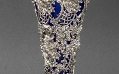 William Wise & Son sterling silver openwork repousse trumpet vase with cobalt glass liner, marked