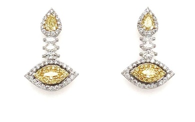 Yellow Diamond Pear & Marquise Drop Earrings in 18K White Gold (1.78 CTW)