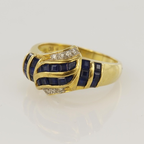 Yellow gold (tests 18ct) diamond and sapphire dress ring, tw...