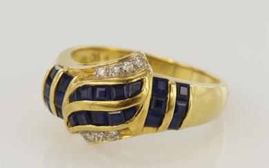 Yellow gold (tests 18ct) diamond and sapphire dress ring, tw...