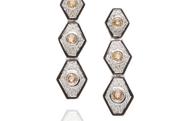 White Gold, Brown Diamond, Diamond and Enamel Pendant Earrings